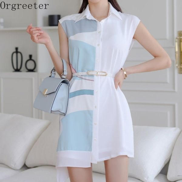 

irregular shirt temperament lapel loose chiffon dress for women summer color contrast printted sleeveless short tank 210525, Black;gray