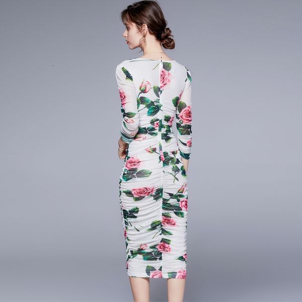 

casual dresses new fashion women designer summer office midi half sleeve draped floral print elegant ladies mesh pencil 36jb, Black;gray