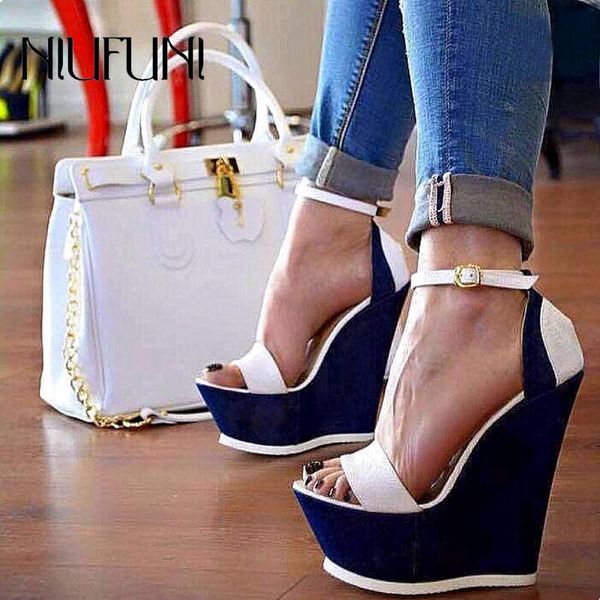 

wedge sandals women peep toe platform buckle sandales femme plus size 35-42 ultra 16cm high heels shoes for slip-ons, Black