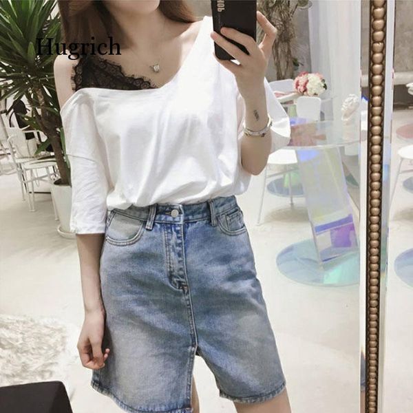 

black and white women's t-shirt lace splicing v-neck short sleeve loose slimming