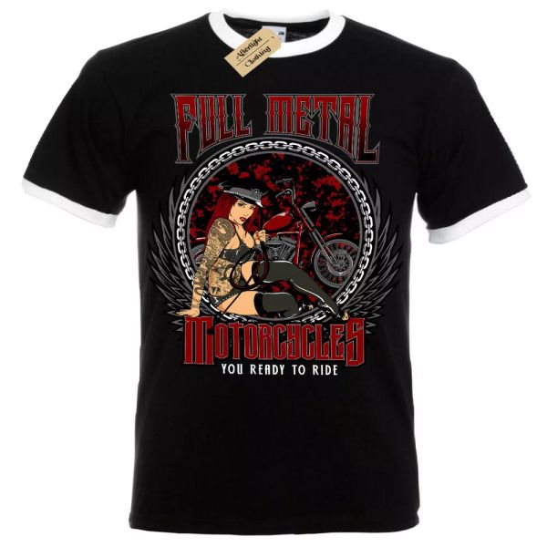 

metal completo motos camiseta listo to ride motero hombre ringer, White;black