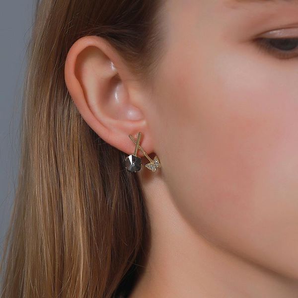 

korean butterfly flower cross stud earrings with crystal gold alloy silver needle ear drop girls women party wearing earring jewelry accesso, Golden;silver