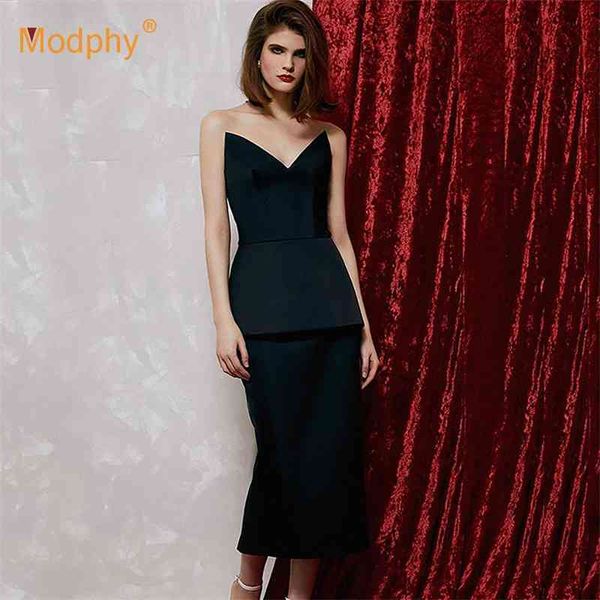 Elegante schwarze Frauen Abend Midi Kleid Sexy trägerlos schlank Mode weibliche Promi Party Runway Vestidos Sommer 210527