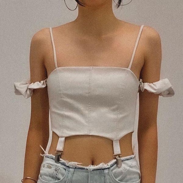 

solid strappy chic women crop vests summer backless skinny camisole female off-the-shoulder tees cwe0440-5 women's tanks & camis, White