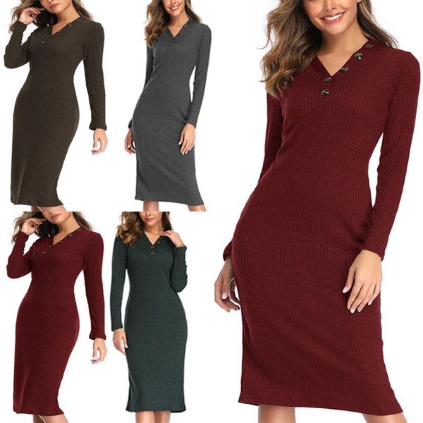 

autumn and winter style european american casual v-neck button knit dress long sleeve slim pocket sweater women's sweaters, White;black