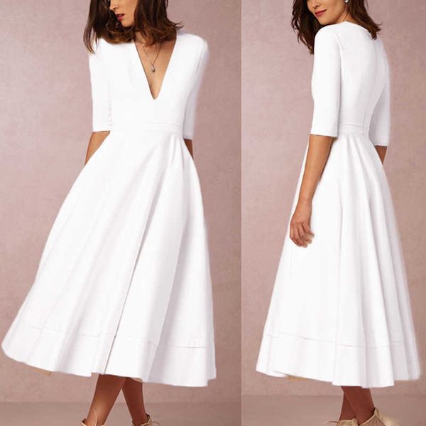 Высококачественные белые летние платья для женщин одежда половина рукава сексуальное v-образное вырезыванное офисное платье женское свадьбу и партии платья Y1006