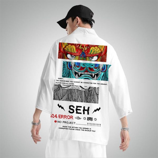 

ethnic clothing two-piece suit men loose white print cardigan cosplay yukata harajuku samurai kimono + pants sets plus size 6xl, Red