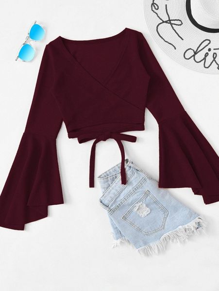 

bell sleeve self-tie crop 56p3#, White