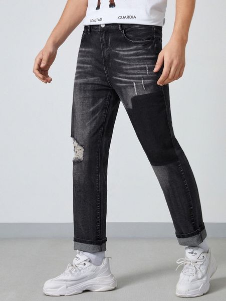 

men zipper fly ripped cuffed hem jeans d2sy#, Blue