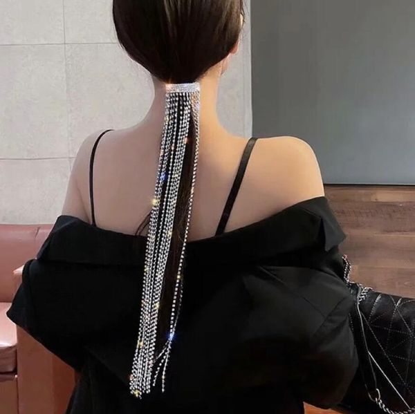 

vintage shine full rhinestone hairpins for women bijoux long tassel crystal hair barrettes wedding banquet jewelry, Silver