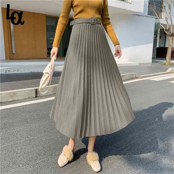 

female casual spring elegant hight waist woolen skirts lady belted sashes pleated thicken midi skirt 210519, Black