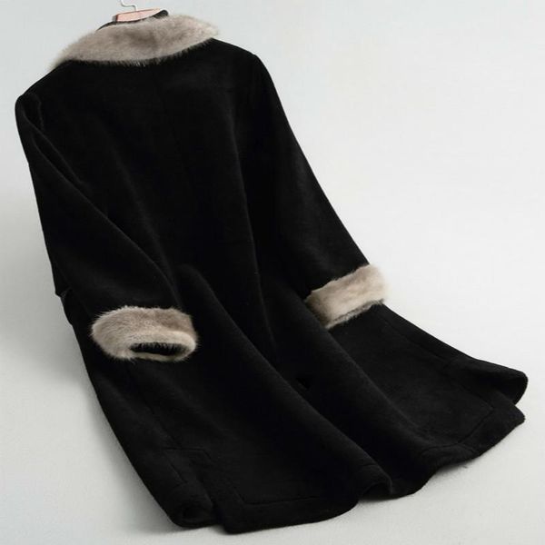 

women's fur & faux long fashion 100% wool real coat women with mink collar winter warm black jackets female outerwear 68288 lw397