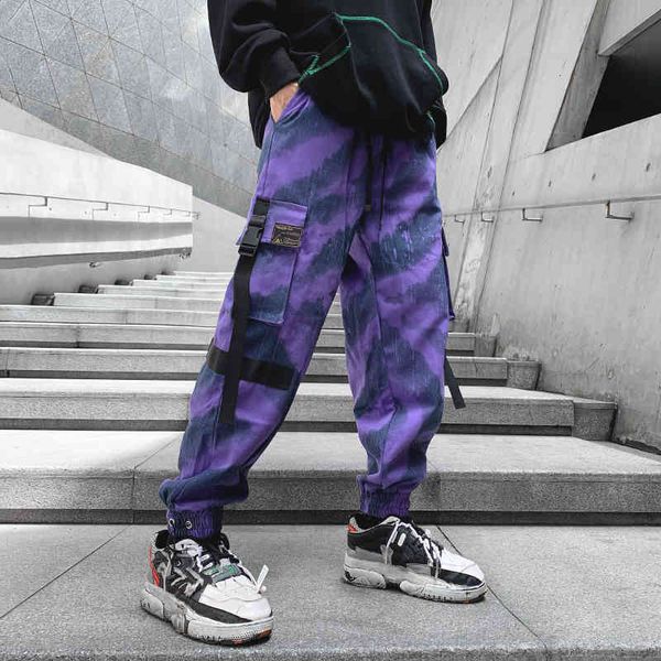 

men's pants ribbons multi pockets cargo harajuku casual track trouser hip hop streetwear printed cotton joggers mtar, Black