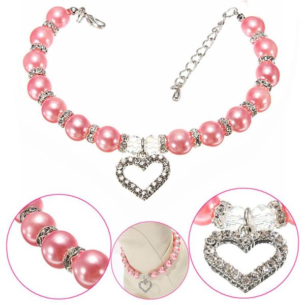 

dog collars & leashes pet pearls necklace collar with bling heart charm puppy wedding jewelry accessories for female dogs cats