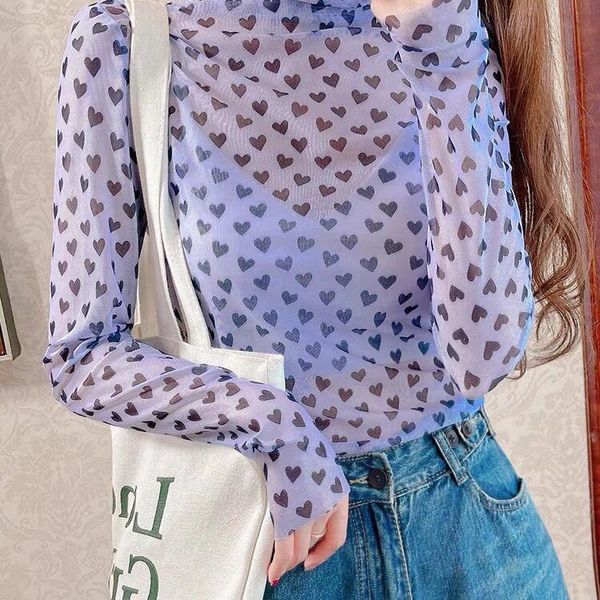 

semi high collar mesh sunscreen women's spring and summer thin purple print with t-shirt ice silk bottom coat long sleeve top, White