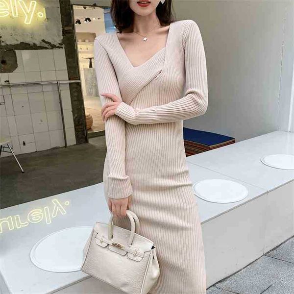 

women black sweater dress autumn winter long sleeve kink v neck bodycon es ladies elegant office knitted 210525, Black;gray