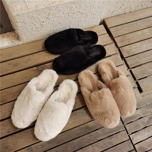 

women fur slippers slip on slides fashion warm ladies mules round toe flat heel casual female sandals winter home shoe, Black
