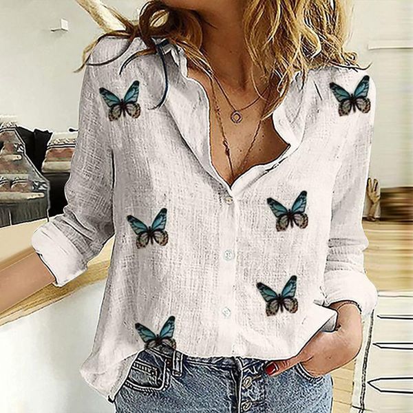 

women's blouses & shirts butterfly print plus size blouse women long sleeve o-neck office shirt vintage retro femme harajuku, White