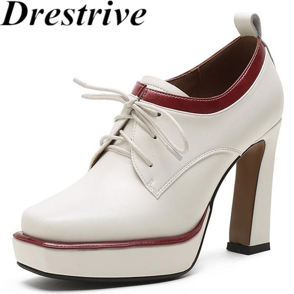 

dress shoes drestrive women pumps cow slipt leather waxing round toe lace up platform beige 2021 autumn high heel size 32, Black