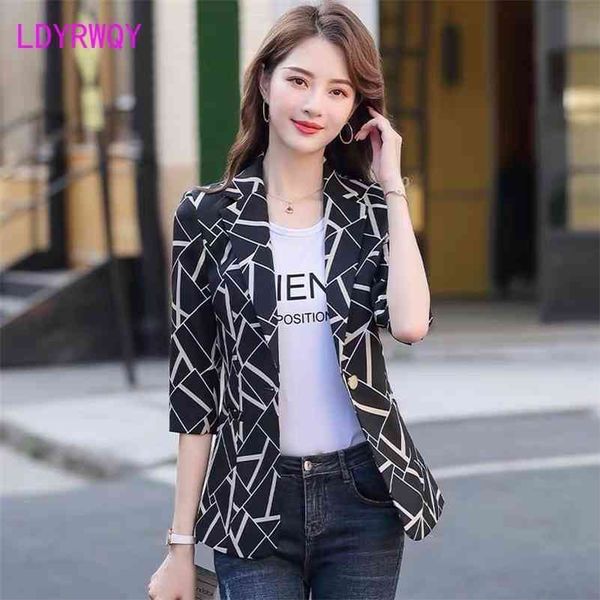 

spring and summer ladies korean style plaid suit feminine slim three quarter office lady single button 210416, White;black
