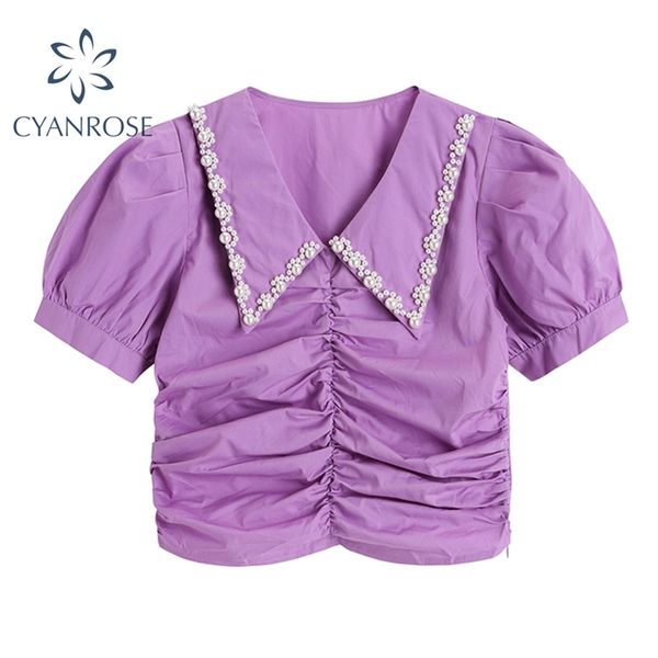 

sweet turn-down collar women blouses summer pearl purple korean style shirt elegant wrinkled fashion mori girl ins 210430, White