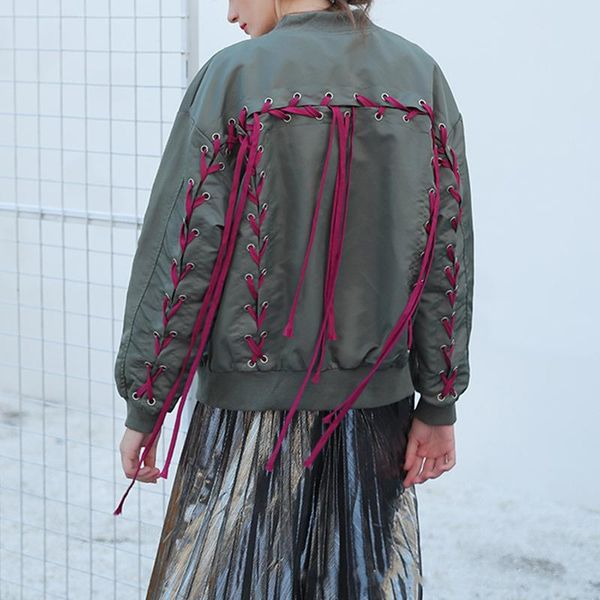 

women's jackets 2021 back cross bandage women bomber stand collar zip-up baseball coats navy green, Black;brown