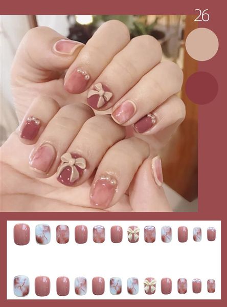 

false nails 24pcs pink pearl inlaid 3d designs fake stickers short paragraph nail patch removable fashion manicure with glue art, Red;gold