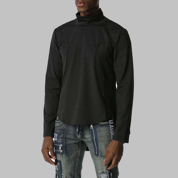 

spring autumn men's loose turtleneck splicing solid color thin irregular short front long back fashion sweater hoodies & sweatshirts, Black