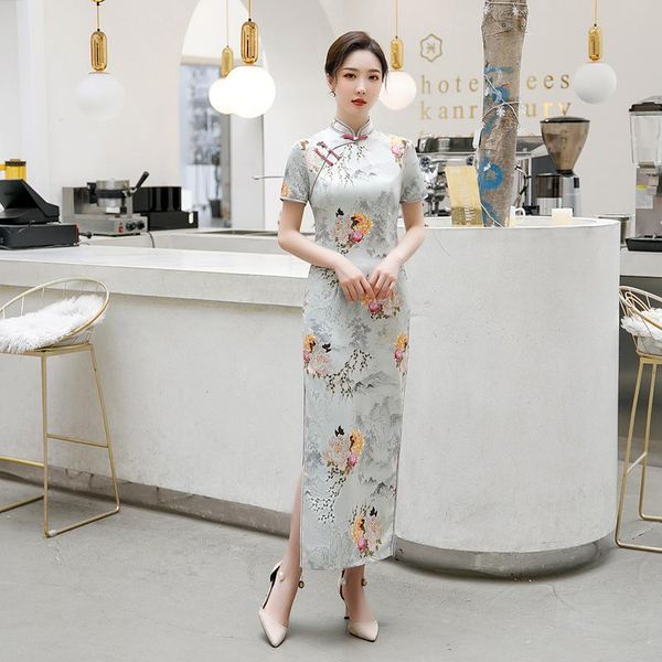 

ethnic clothing chinese traditioanl casual dress for women lady cheongsam print flower long qipao mandarin collar oversize 4xl, Red