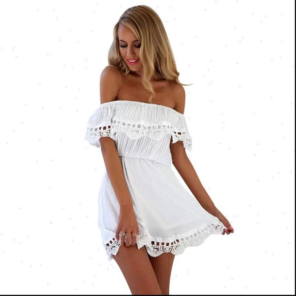

summer lace white vintage sweet womens dresses stylish slash neck casual beach short mini sundress vestidos, Black;gray