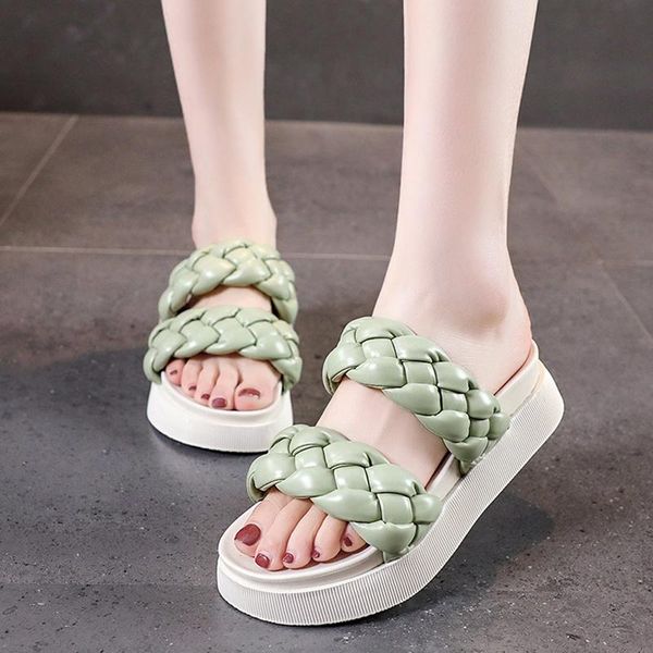 

slippers vogue fashion thick platform weave women summer soft sole beach slides woman non-slip comfortable flat sandals, Black