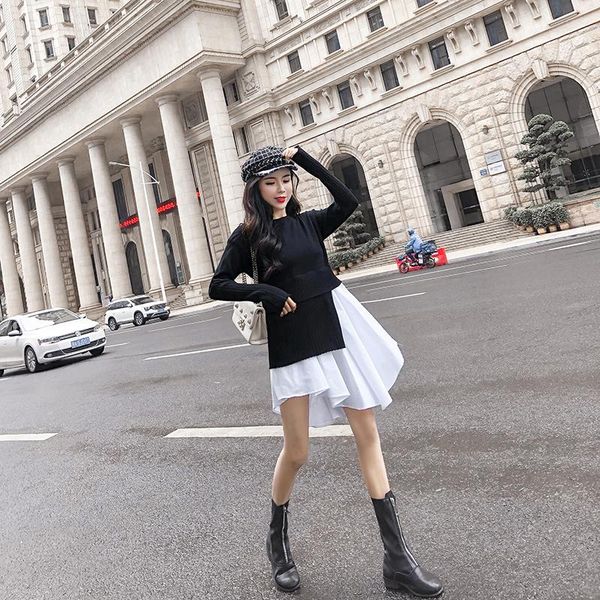 

casual dresses korean patchwork knitted irregular sweater dress long sleeve pullover fake two piece 2021 vintage black slim mini, Black;gray