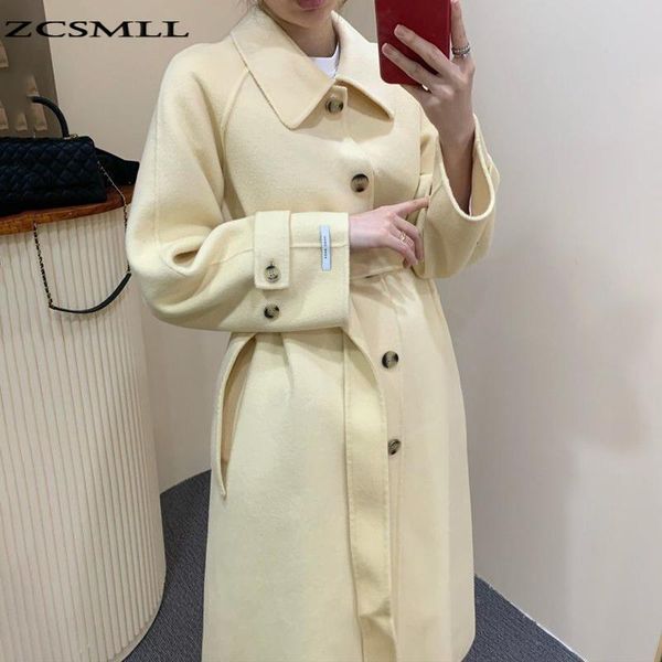 

women's wool & blends zcsmll korea chic fall/winter windbreaker lapel single-breasted loose lace-up waist over the knee long woolen coa, Black