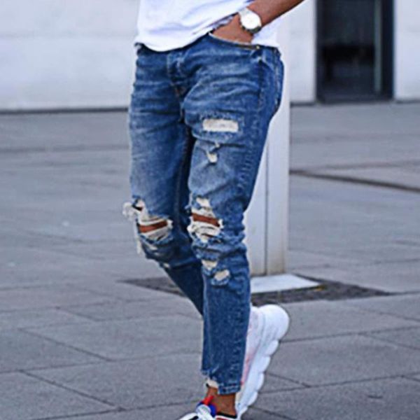 

men's jeans mens fashion ripped hole denim pants plus size men distressed casual clothing long, Blue