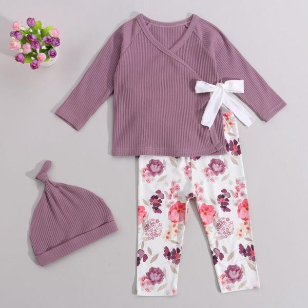 

clothing sets baby girl 3pcs fall clothes spring autumn, long sleeve wrap front rib knit + floral pants hat set, White