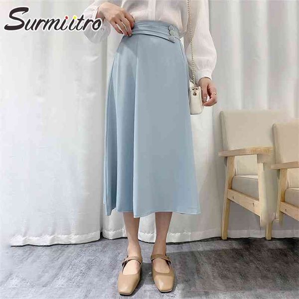 

spring summer long office skirts women elegant korean style blue aesthetic high waist midi skirt female ladies 210421, Black