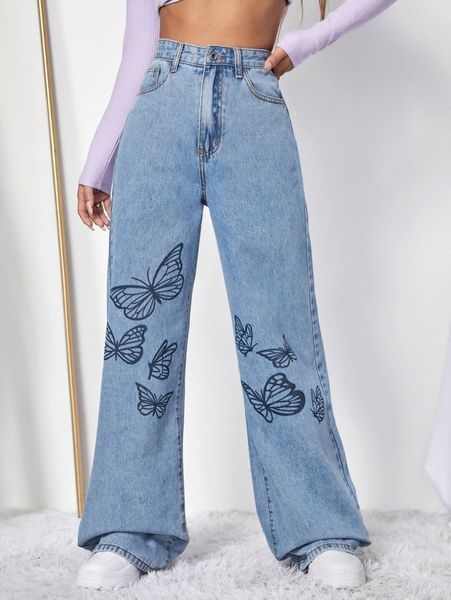 

high waisted butterfly print wide leg jeans 94ww#, Blue