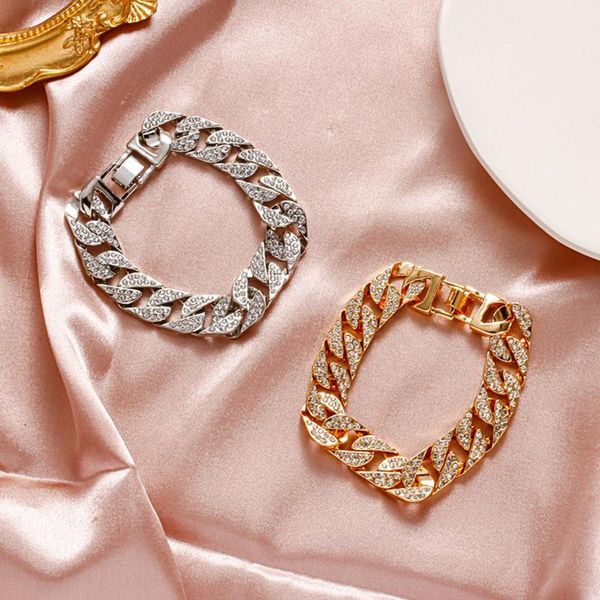 

bangle 1pcs cuban thick link chain bracelet bling punk luxury crystal bracelets for women men jewelry gold color rhinestone bangles, Black