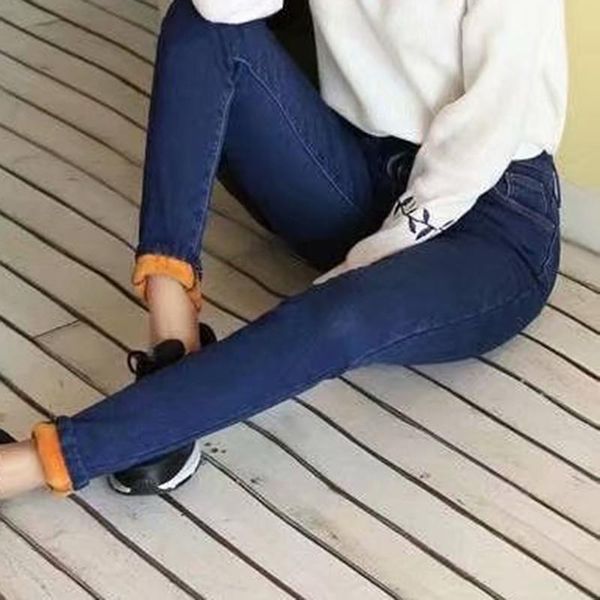 

women's jeans winter super warm plus size for women female high waist skinny thick trousers stretch velvet denim pants streetwear, Blue