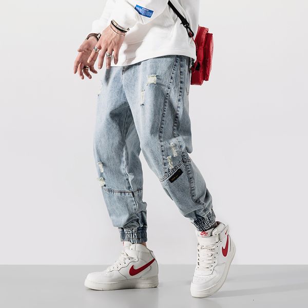 

jeans japanese vintage fashion loose fit spliced ripped denim cargo pants hombre harem trousers streetwear hip hop jeans men, Blue
