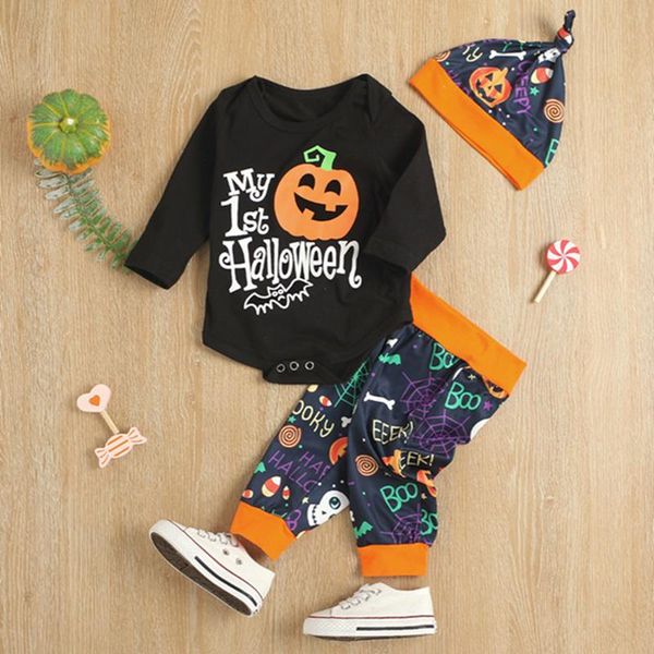 

clothing sets halloween born baby girls boys printed clothes set long sleeve romper+trousers+pointed hat, White