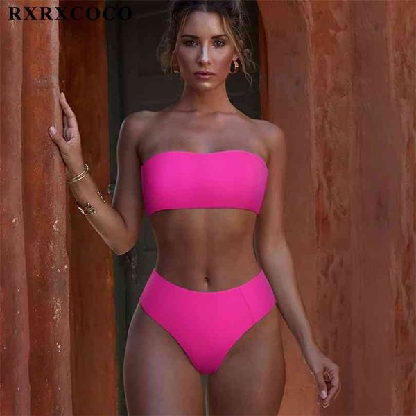 

rxrxcoco bandeau swimwear women high waist bikini set push up printed swimsuit beachwear bathing suit solid 210728, White;black