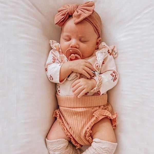 

cotton printed clothing bodysuit for borns long sleeve clothes romper pants ribbed hairband outfits baby girl sets, White