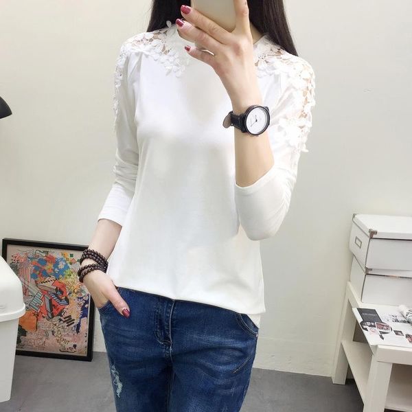 

women's blouses & shirts women autumn eleglant lace hollow out blouse shirt long sleeve pink female outfit, White