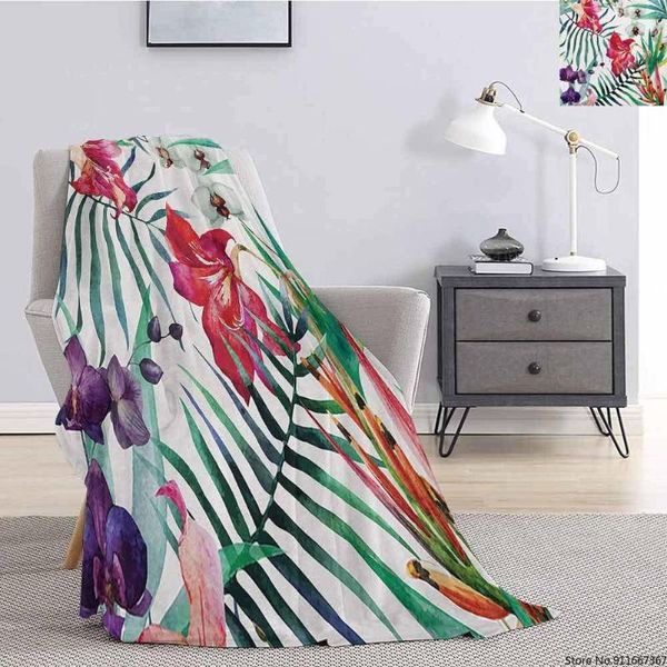 

watercolor flower fluffy blanket microfiber tropical wild orchid flowers with palm leaves print exotic style nature super soft blankets