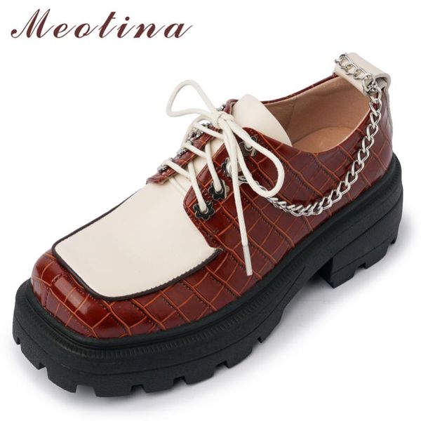 

dress shoes meotina woman genuine leather punk pumps high heels chain lace up platform thick heel square toe lady footwear, Black
