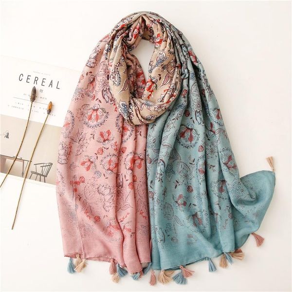 

scarves autumn fashion ombre 3-color stitching floral tassel viscose scarf lady gradient shawls and wraps pashmina stole muslim hijab, Blue;gray