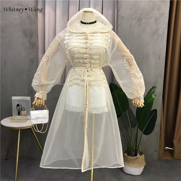 

women's trench coats whitney wang 2021 fashion streetwear embroidery see through mesh hooded coat women summer sunscreem, Tan;black