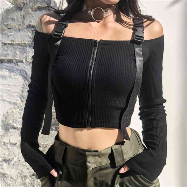 

spring t shirt women long sleeve cotton t-shirt crop korean fashion style feminina black zip tee short 210708, White