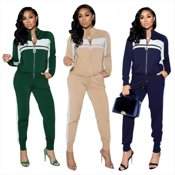 

casual sporty loungewear sets two womenpant piece suits zipper up long sleeve jackets and pencil trousers color block club outfits, White